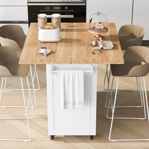 English Elm K&K Kitchen Island with Foldable Countertop, Spacious Mobile Storage Cart, Soft-Close Doors, Durable Rubberwood Top and Locking Wheels White N707P173036W