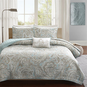 JLA Home Madison Park Pure - 4 Cotton Quilt Set with Paisley Print & Throw Pillow — 200TC Breathable Blue Quilt, Shams, Machine Washable MPP13-049