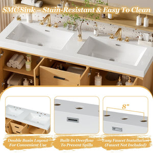 English Elm [video]59.3 Inch Wall Mounted Double Sink Vanity Wood Grain Mdf Soft Close Storage N729P000013O