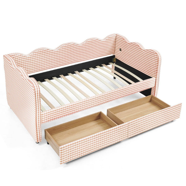English Elm Twin Gingham Linen Daybed with Wave Silhouette Usb Port and Dual Storage Drawers Pink W1413S00142