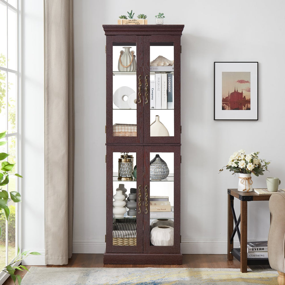 English Elm Lighted Glass Curio Display Cabinet with Quiet Hinge, Internal LED Lighting, Adjustable Shelves, Vintage Carved Handle Cherry W2275P199810