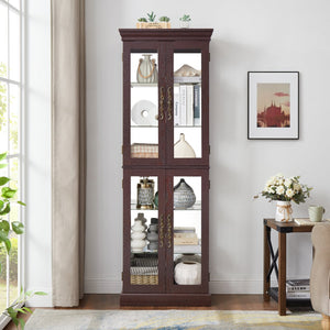 English Elm Lighted Glass Curio Display Cabinet with Quiet Hinge, Internal LED Lighting, Adjustable Shelves, Vintage Carved Handle Cherry W2275P199810