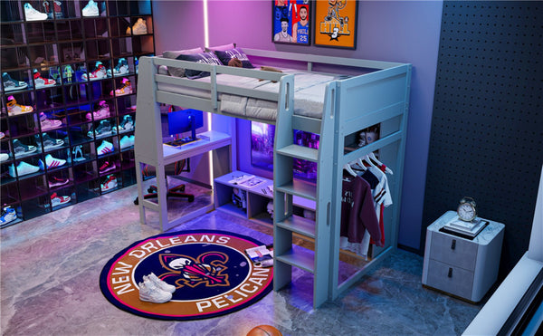 English Elm Wood Twin Size Gaming Loft Bed With Desk, Shelves, Led Lights & Clothes Rack - Gray Space Saver! N7090001041E-GIGA