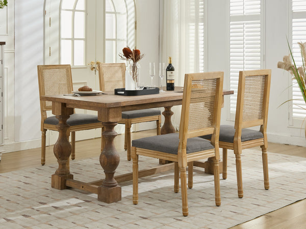 English Elm French Louis Dining Chair Set of 2 with Carved Solid Wood Frame, Rattan Back, Plush Foam Seating, 300lb Capacity Gray W1143P335057