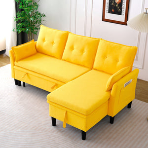 English Elm L-Shaped Reversible Chaise Sectional Sofa with Storage and Fold-Out Bed Cotton-Linen Modern Design Yellow W3371S00027