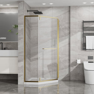 English Elm Goodyo Neo-angle Corner Shower Enclosure Gold Frame Tempered Glass with Acrylic Base W1223S00042