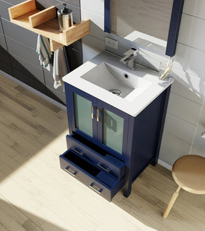 English Elm Navy Bath Vanity 24"W x18.25"D with White Ceramic Top, Chrome Faucet & 22"x32" Mirror, Durable Finish B2731S01284
