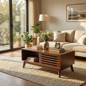 English Elm Lift Top Coffee Table Walnut Finish Mid Century Hidden Storage Slatted Cabinet W3204P465920