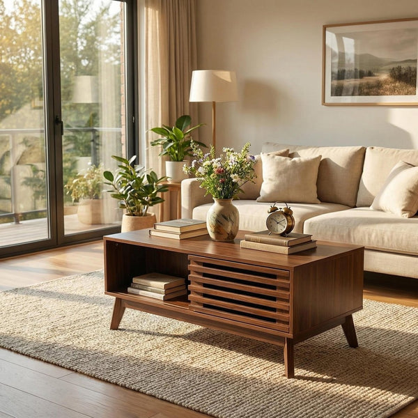 English Elm Lift Top Coffee Table Walnut Finish Mid Century Hidden Storage Slatted Cabinet W3204P465920