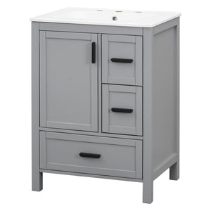 English Elm Modern 24 Inch Bathroom Vanity Solid Wood Cabinet with Ceramic Sink and Soft Close Storage Gray N729P292859E