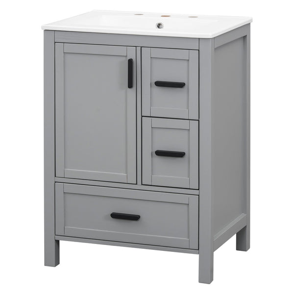 English Elm Modern 24 Inch Bathroom Vanity Solid Wood Cabinet with Ceramic Sink and Soft Close Storage Gray N729P292859E