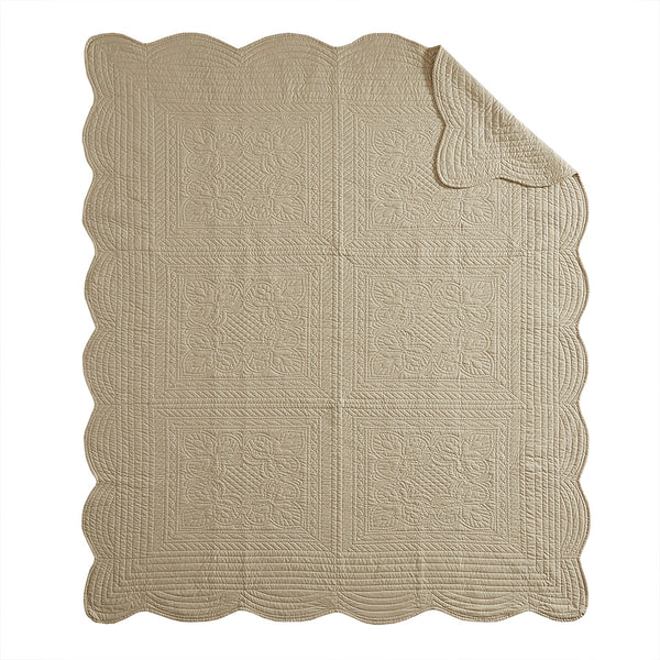 JLA Home Madison Park - Oversized Quilted Throw Adds Vintage-Soft Texture with Scalloped Edges, Breathable Cotton Fill, Machine Washable Khaki MP50-4302