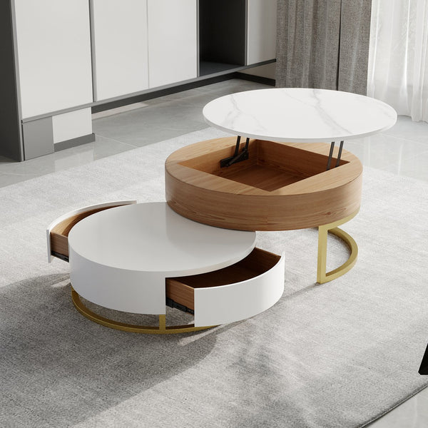 English Elm Dolce Round Lift-Top Wood Coffee Table with Convertible Heights and Sturdy Iron Frame, Modern Chic White B341S00042