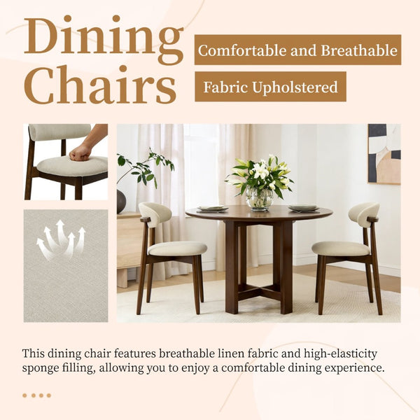 English Elm Wooden Upholstered Dining Chairs Set of 2 Linen Fabric Curved Back Farmhouse Style Beige W3204P456998