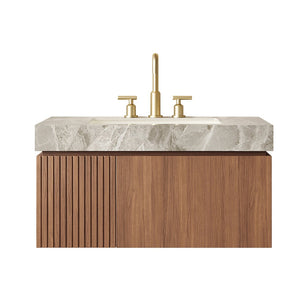 English Elm Muri Floating Bathroom Vanity Plywood Cabinet Oak Veneer Sintered Stone Top 36 Inch W2615S00593