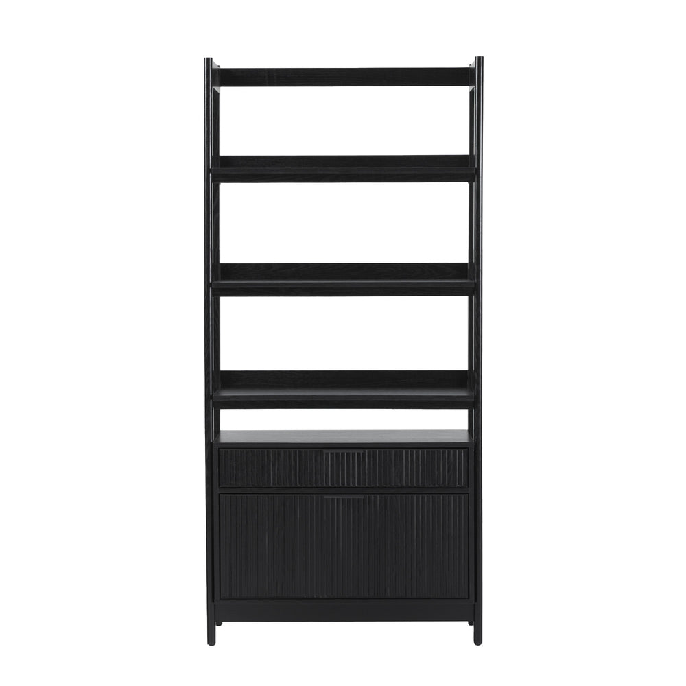 English Elm Walker Edison - Transitional Wide Reeded Bookshelf with Drawers on Bottom for Home Office, Spacious Shelving & Storage Black 75.25 L x 20.63 W x 7 H B185P200187