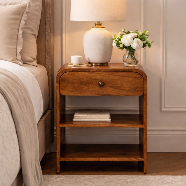 English Elm Solid Handcrafted Wood Nightstand Open Shelf Plus Drawer Compact Bedroom Storage B182P490948