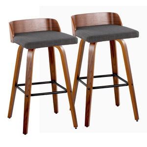 English Elm Maya 30" Mid-Century Barstool Set of 2 – Walnut bent wood, charcoal fabric, 360° swivel, black metal footrest B202S00627
