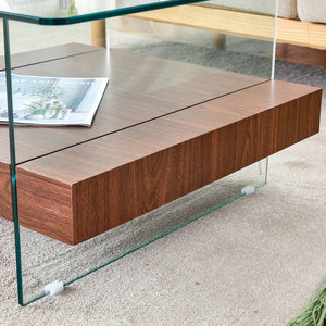 English Elm 31.4 Modern Two-Tier Square Coffee Table with Tempered Glass Top & Walnut Shelf — Stylish Storage W1512P407505
