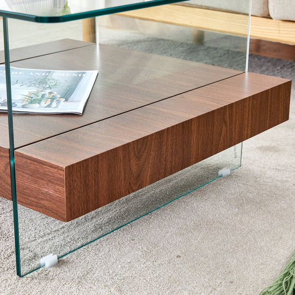 English Elm 31.4 Modern Two-Tier Square Coffee Table with Tempered Glass Top & Walnut Shelf — Stylish Storage W1512P407505