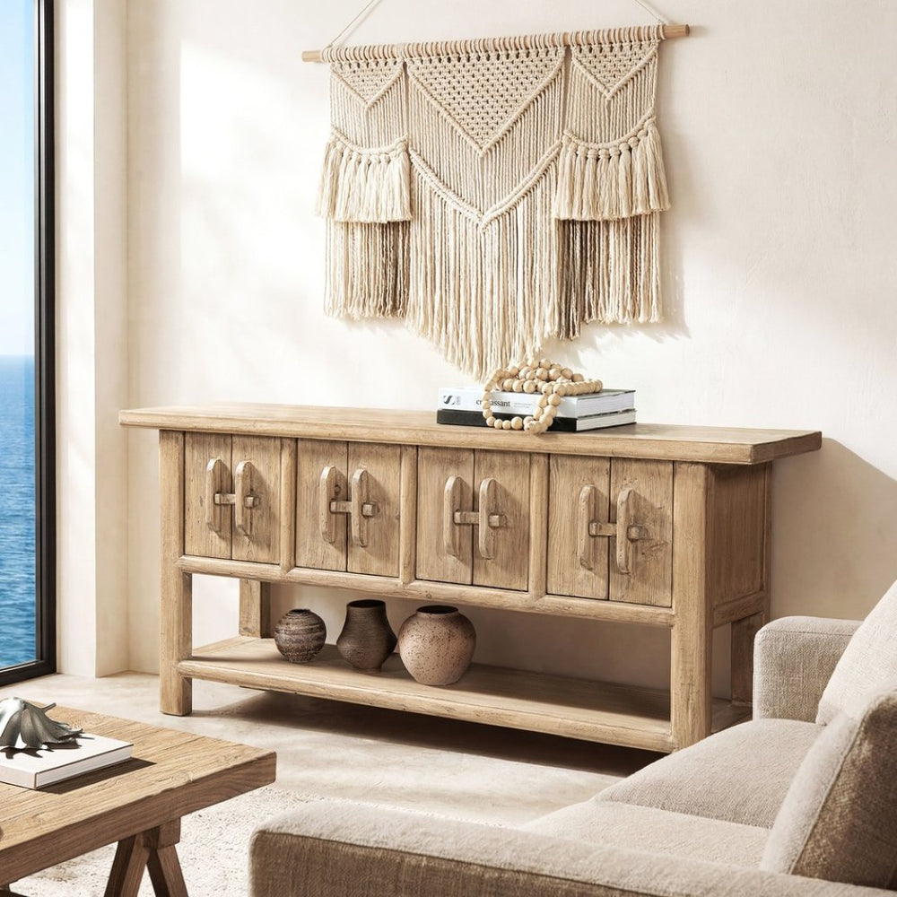 English Elm Rowan Reclaimed Pine Sideboard with Hand-carved Pulls and Open Display Shelf B2719P474454