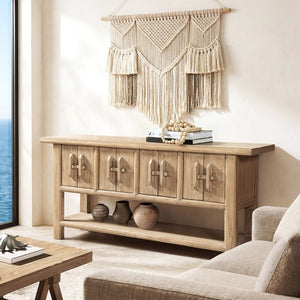 English Elm Rowan Reclaimed Pine Sideboard with Hand-carved Pulls and Open Display Shelf B2719P474454