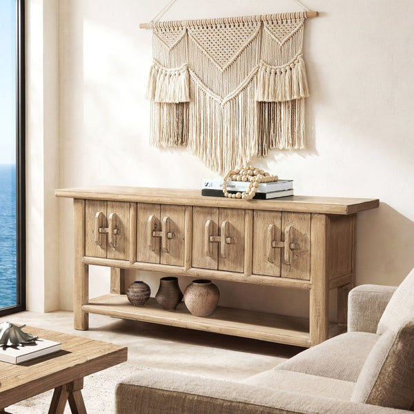 English Elm Rowan Reclaimed Pine Sideboard with Hand-carved Pulls and Open Display Shelf B2719P474454