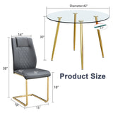 English Elm A Modern Minimalist Style Round Transparent Tempered Glass Table With Gold Metal Legs, Paired With 4 Modern Pu Leather High-Back Dining Chairs,Bring A Luxurious Experience.