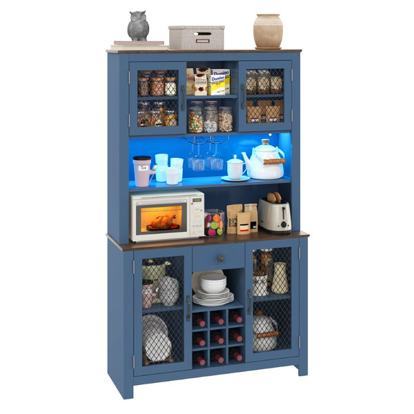 English Elm 70.9" Farmhouse Hutch Pantry with Led Lighting Wine Rack Mesh Doors and Built-in Power Navy Blue CH361426AAL