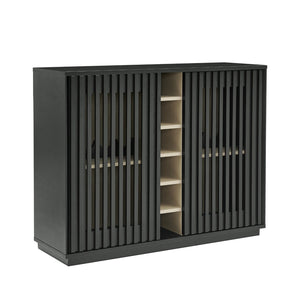 English Elm Mid Century Fluted Buffet Sideboard with Integrated Wine Rack and Glass Holder Storage Black W1801P454198