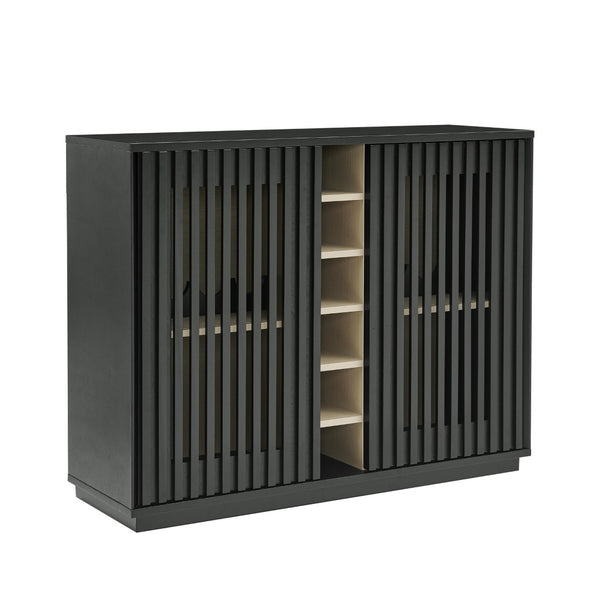 English Elm Mid Century Fluted Buffet Sideboard with Integrated Wine Rack and Glass Holder Storage Black W1801P454198