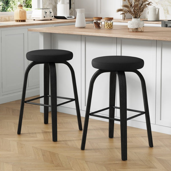 English Elm Swivel Backless Counter Stools Set of 2 with Fabric Seat Bentwood Legs Mid-century Modern Black W3107P446849