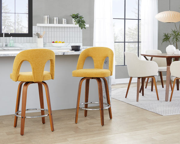 English Elm Fixed-height Swivel Counterstools Walnut Bentwood Legs Yellow Upholstery Chrome Footrest Pair B202S01797