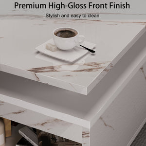 English Elm Coffee Table with Led Lighting Bluetooth Speaker Wireless Charging and Faux Marble Top White T3773P415726