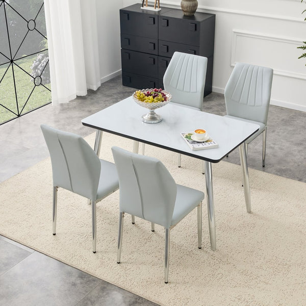 English Elm Table and Chair Set Marble Glass Top with Gray Pu Seating for Modern Dining W1151S04647