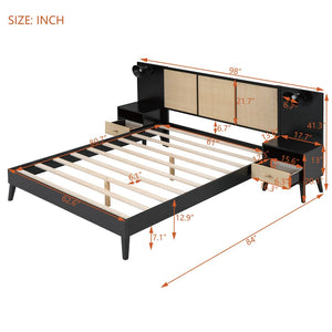 English Elm Queen Solid Wood Bed Frame With 2 Nightstands, Rattan Accents, Built-In Lamps For Cozy Bedrooms N820S00019AAB-GIGA