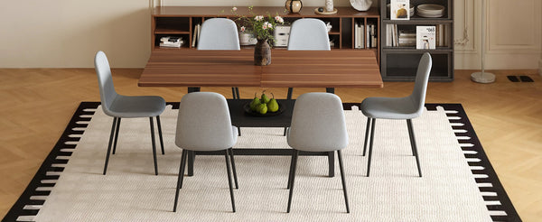 English Elm Table And Chair Set - Stylish Walnut Grain Dining Table With 6 Comfortable Light Gray Chairs W1151S04292-GIGA