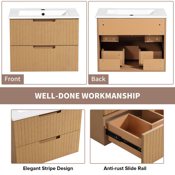 English Elm 24 Inch Floating Bathroom Vanity With Ceramic Sink - Modern Wall-Mounted Storage Cabinet In Light Brown W1550S00034