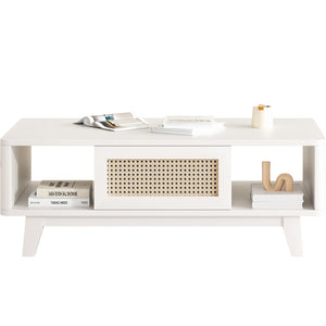 English Elm Coffee Mid Century Storage Coffee Table with Rattan Drawer, Solid Wood Legs, Durable 110lb Capacity White T3623P380669