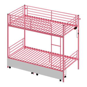 English Elm Bunk Bed Twin Iron Frame with Usb Charging Built in Guardrail and Convertible Design W3752P430826