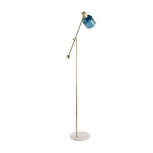 English Elm Marcel Contemporary Floor Lamp with White Marble Base, Gold Metal & Blue Glass Shade — Luxe Ambient Light (98) B202P224218
