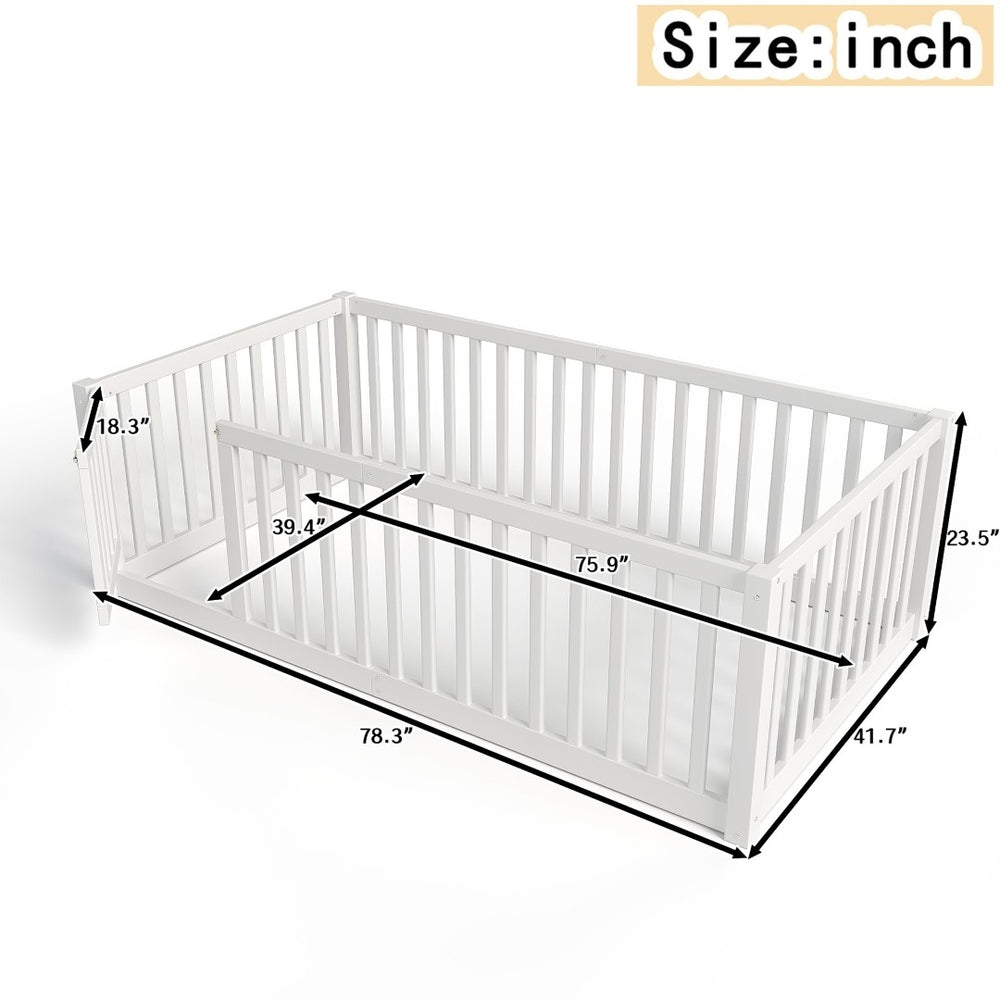 English Elm Twin Floor Bed Pine Wood Frame with Guardrails and Door for Safe Toddler Sleep W1580P417668