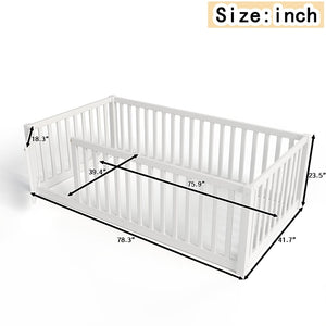 English Elm Twin Floor Bed Pine Wood Frame with Guardrails and Door for Safe Toddler Sleep W1580P417668