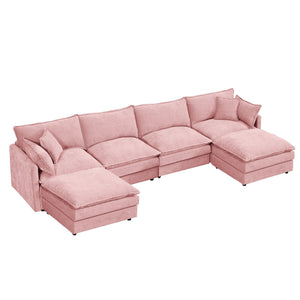 English Elm Modular U-Shaped Sectional Sofa, 4-Seater Pink Chenille Couch With Movable Ottomans For Custom Comfort W1359S00037