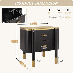 English Elm Contemporary Two Drawer Nightstand Curved Profile Feather Handles Exposed Legs Bedroom Black N761P285711B