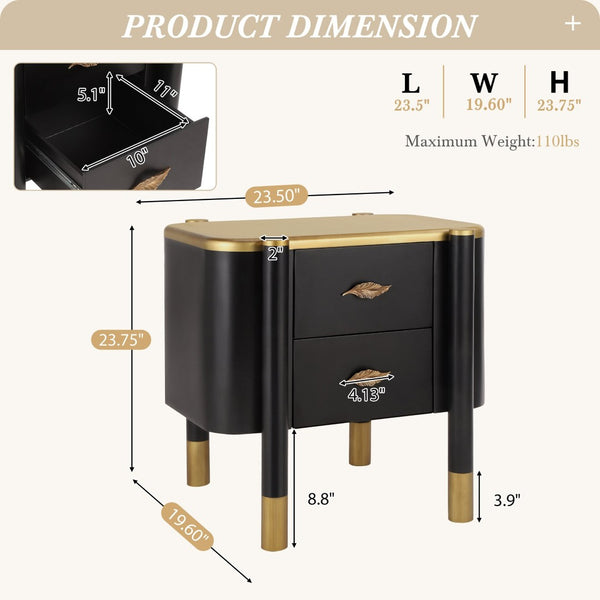 English Elm Contemporary Two Drawer Nightstand Curved Profile Feather Handles Exposed Legs Bedroom Black N761P285711B