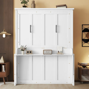English Elm Queen Murphy Wall Bed with Integrated Desk Gas Strut Lift White Cabinet for Small Spaces White W504S00216