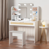 English Elm Vanity Desk Set Stool & Dressing Table With Led Lighting Mirror Drawer and Compartments Modern Wood Cosmetic Table Chest Of Drawers White Color