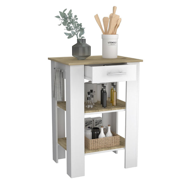 English Elm Brooklyn Two-tone Kitchen Island with Oak Top Open Shelves Drawer and Towel Rack B128P148882
