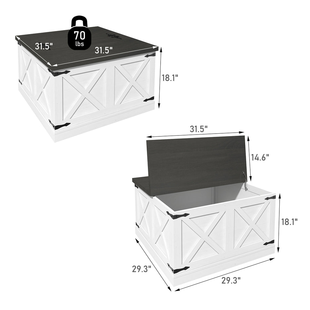 English Elm Farmhouse Square Coffee Table with Dual Lift Tops & Large Hidden Storage, Rustic White Farmhouse Charm T3609P332412